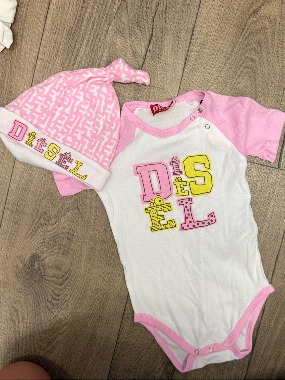 Diesel White and Pink Logo Baby Bodysuit with Matching Pink Hat